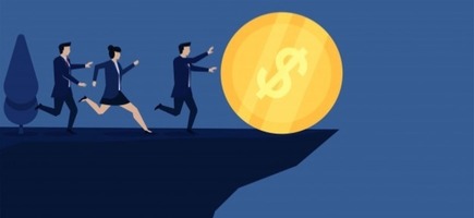 Business flat vector concept team run after coin cliff metaphor greedy 8073 664